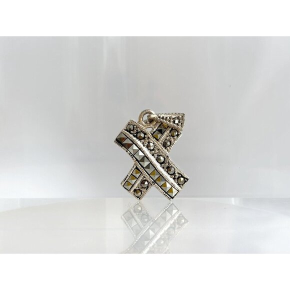 Cross Shaped Marcasite Accented Sterling Silver 925 Vintage Pendant - Picture 4 of 10